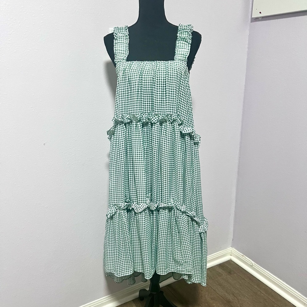 MABLE Green‎ Gingham tiered ruffle Sleeveless Dress S - Picture 3 of 13